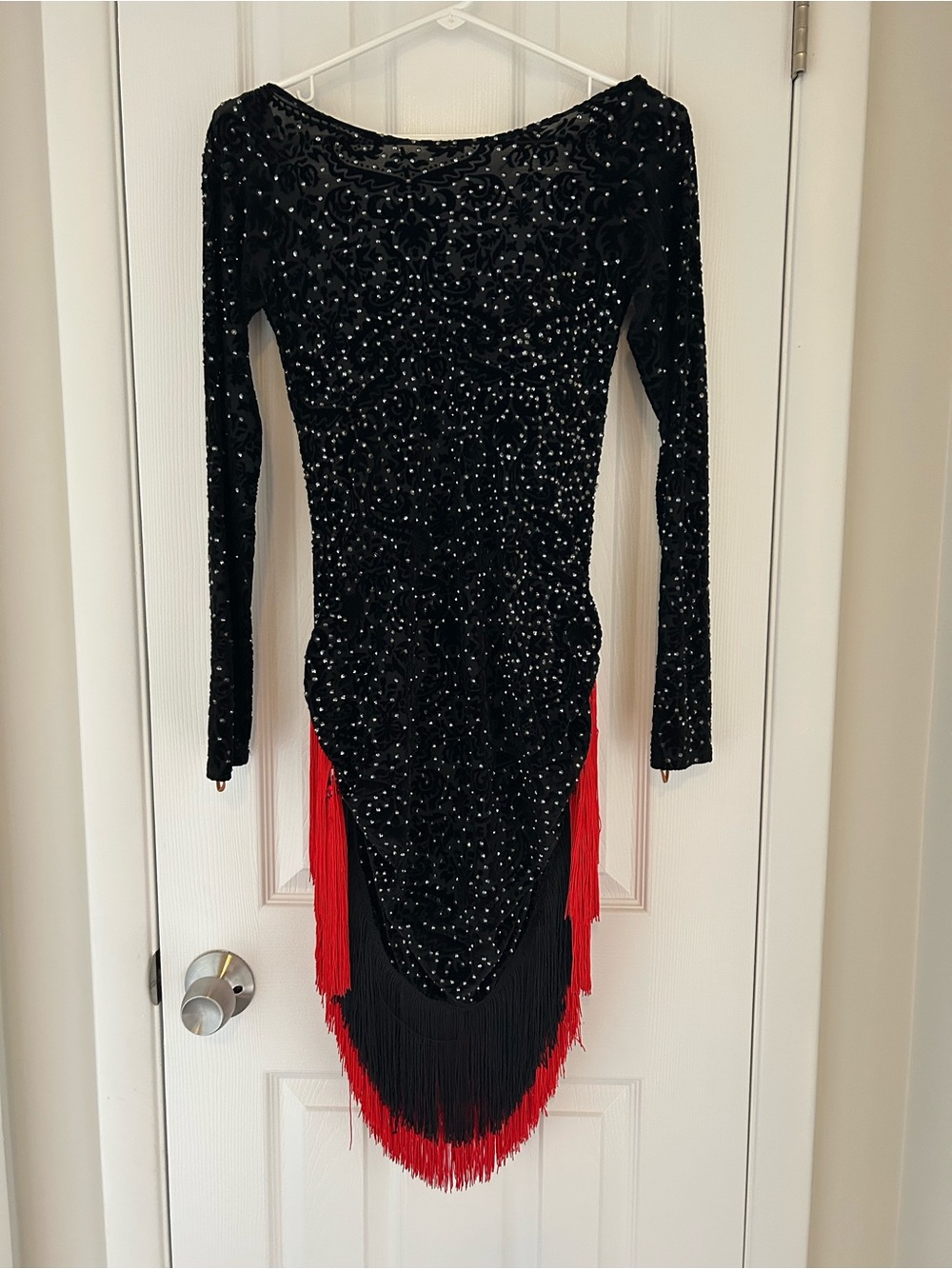 Sana Design competition dance dress, black Sequin, Long-Sleeve with Fringe